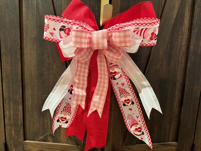 Valentine's Day Bow, Gnome Ribbon, Red, Pink Buffalo Plaid